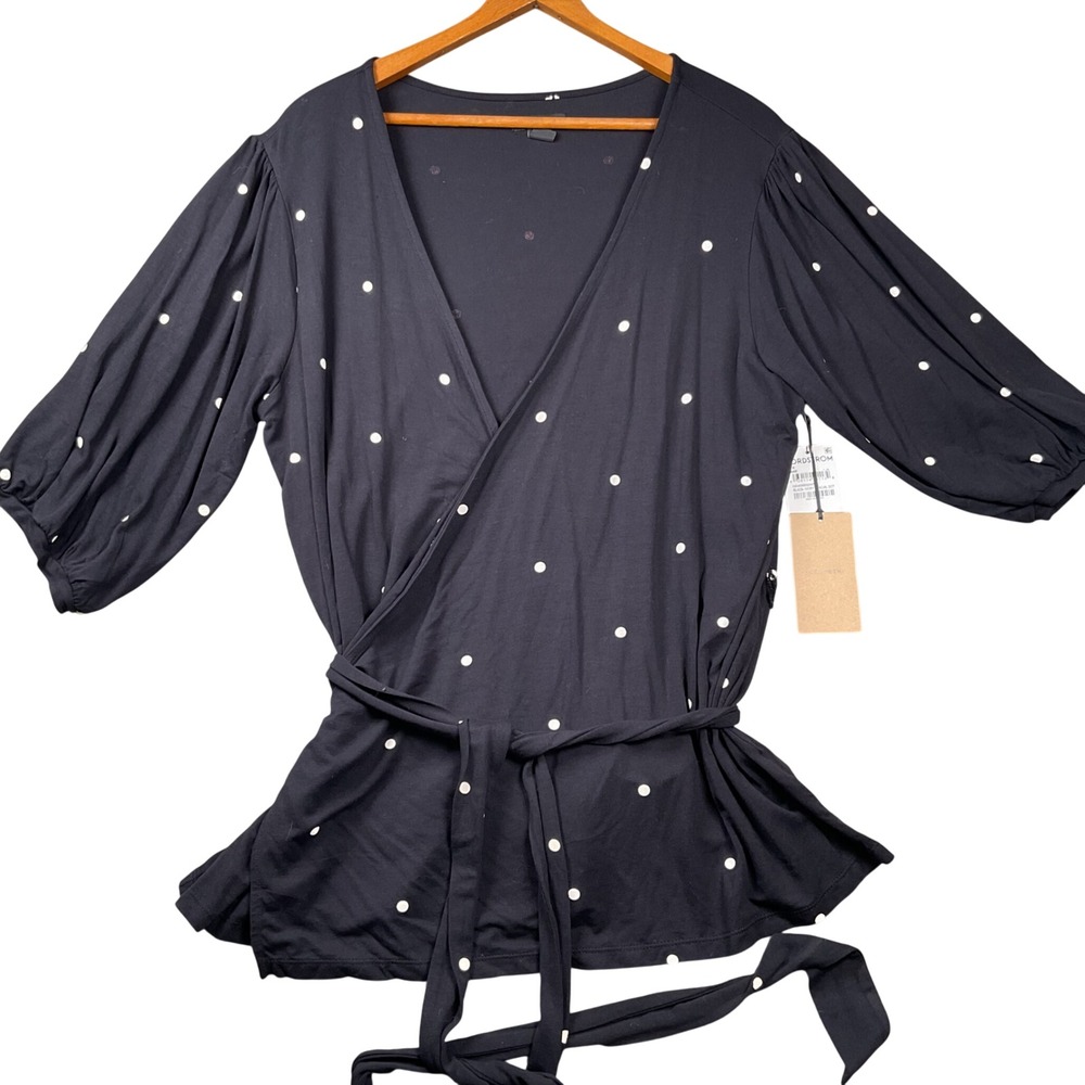 Halogen Wrap Top Womens 1X Black NEW Polka Dot V-Neck HA406652WN